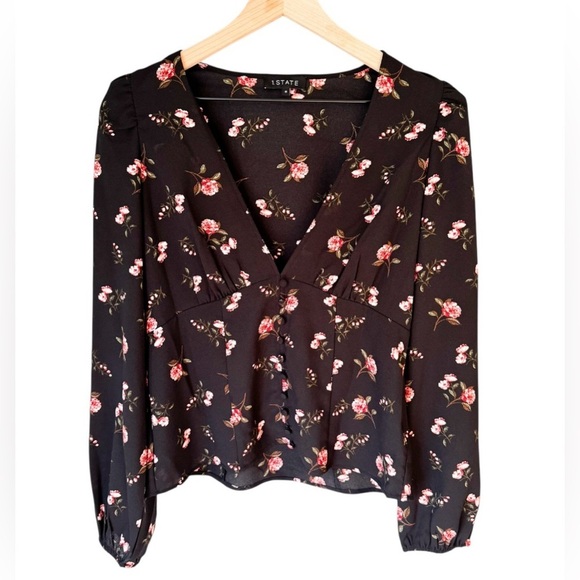 1.State Womens Black Blooms Floral Print Long Sleeve Pintuck Peasant Blouse Sz 6 - Picture 2 of 6
